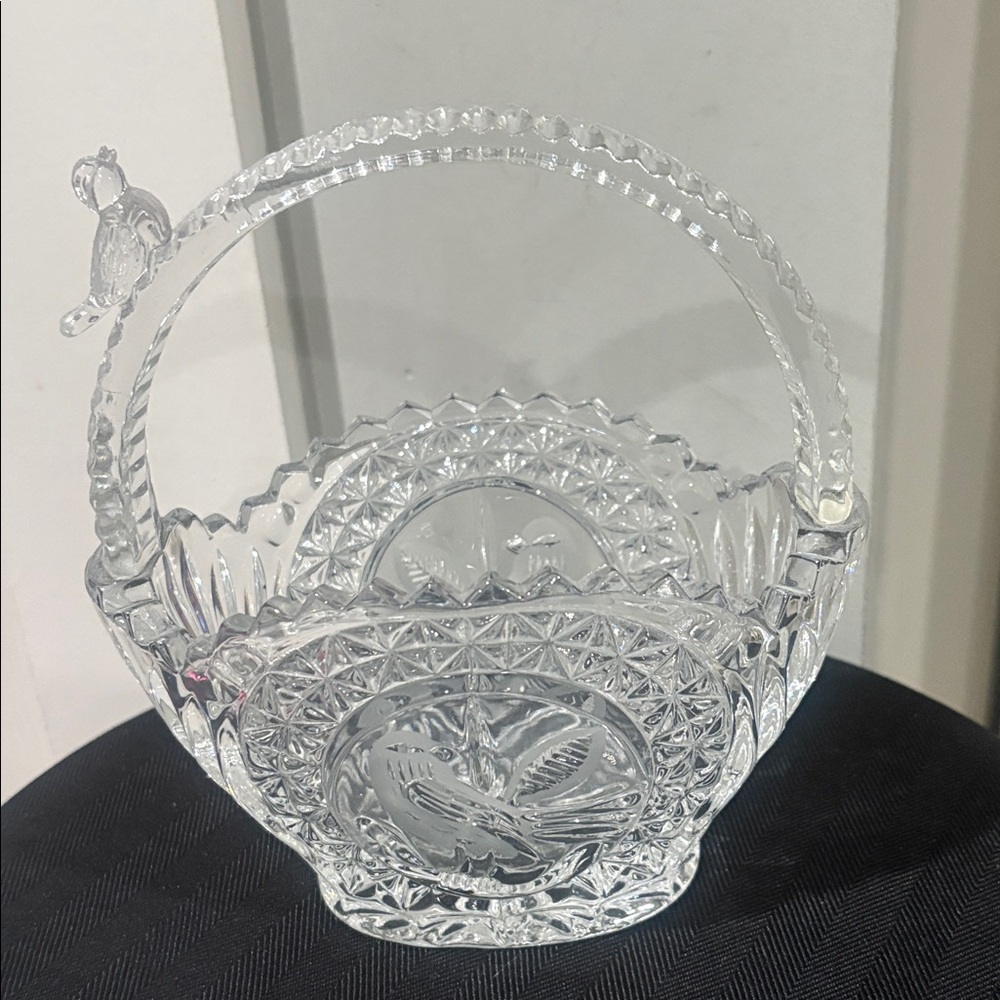 Hofbauer Cut Glass w/ Bird on Handle, Etched Birds on Front & Back